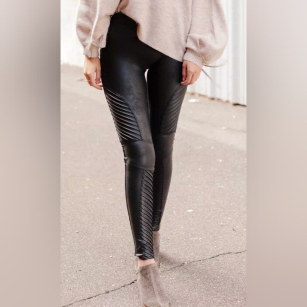 Spanx Faux Leather Black High Rise Athleisure Moto Leggings XL